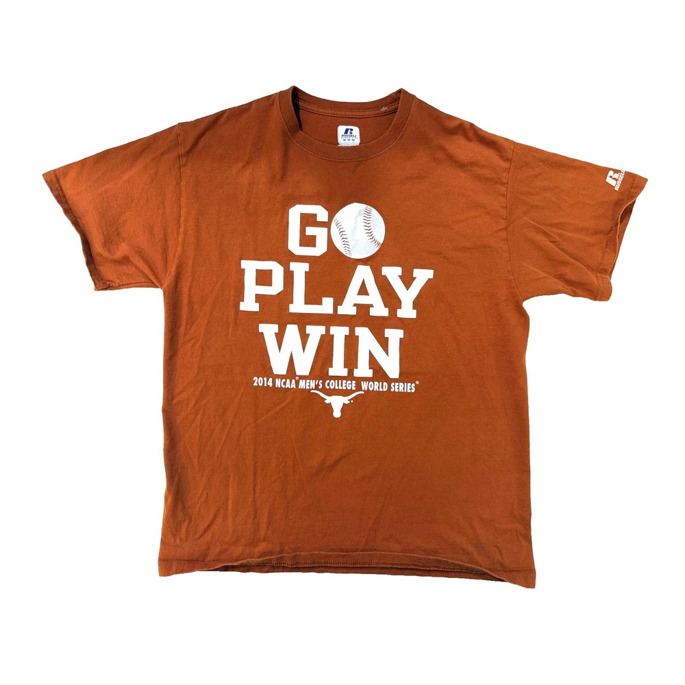 Texas Longhorns Shirt Mens Medium Orange NCAA Baseball 2014 CWS Russell Athletic